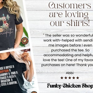 May include: Two images of t-shirts with different designs. The first shirt is dark gray with a floral sewing machine design and the text "Sewciopath". The second shirt is black with a baseball bat and the text "Jase & Bryce & Grayson & Sammy & Finn & Chase & Alex & Braxton & Steel & Griffin."