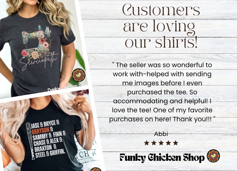 May include: Two images of t-shirts with different designs. The first shirt is dark gray with a floral sewing machine design and the text "Sewciopath". The second shirt is black with a baseball bat and the text "Jase & Bryce & Grayson & Sammy & Finn & Chase & Alex & Braxton & Steel & Griffin."