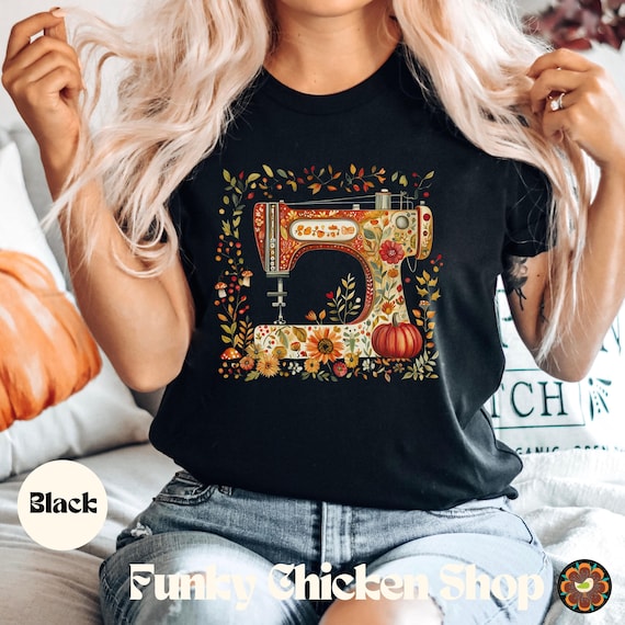 Vintage Sewing Machine Fall T-Shirt | Autumn Quilt Show Tee with Flowers & Leaves | Cozy Gift for Quilter or Sewing Lover