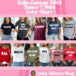 May include: Color chart for Bella Canvas 3001 unisex t-shirts. The chart shows 10 different colors, including black, dark gray heather, maroon, heather navy, athletic heather, red, white, heather olive, ash, heather mauve, and heather red.