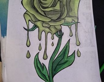 Custom Drawn Green Rose Art Decor