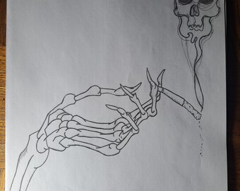 Finish it Yourself Custom Drawn Skeleton Hand Smoking Cigarette Art Decor
