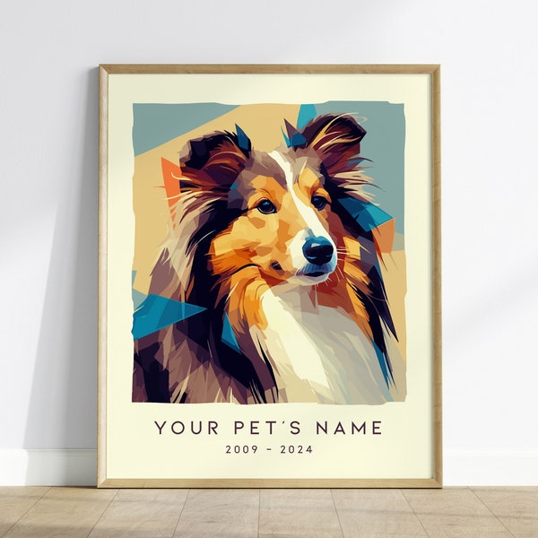 Personalized Pet Portrait Framed Wall Art Gift, Shetland Sheepdog Portrait, Tricolor Sheltie Memorial Poster Print, Dog Loss Modern Decor