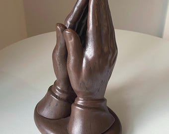 Vintage Ceramic Praying Hands Glazed Brown 7” Tall