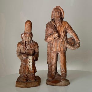 Vintage France SIC Hand Carved Detailed Wooden Figures Man and Woman Wood Folk Art