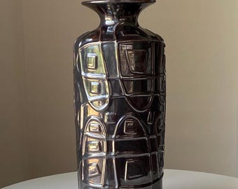 Mid Century West Germany Black Pottery Vase Black-Dark Bronze Glaze With Abstract Raised Motif 10.25” Tall