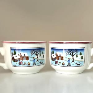 Villeroy & Boch Made in Luxembourg Naif Christmas Winter Scene Vintage Porcelain Cups- Set of 2