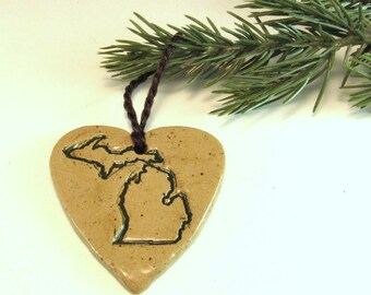 Love Michigan Pottery Ornaments/ Heart Michigan Handmade Ornaments