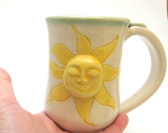 LARGE Coffee Mug/Ceramic Mug/ Pottery Sunshine Cup/Pottery Sun Face Mug/10-12 ounce mug