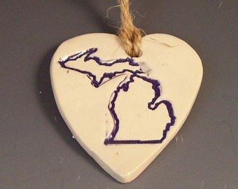 Love Michigan Pottery Ornaments/ Heart Michigan Handmade Ornaments