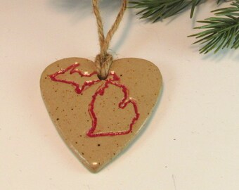 Love Michigan Pottery Ornaments/ Heart Michigan Handmade Ornaments