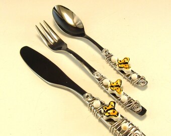 Appetizer Fork, Spoon, and Knife/Set of 3 Beaded Knife Fork and Spoon/Beaded Hors'dourve Utensils/