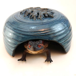 May include: A ceramic frog figurine peeks out from under a blue, dome-shaped shelter. The shelter has a leaf design on top and a textured, water-like pattern. The frog has red eyes and a dark body.