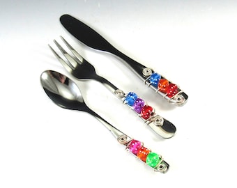 Dice--Beaded Hors'dourve Utensils/Appetizer Fork, Spoon, and Knife/Set of 3 Beaded Knife Fork and Spoon