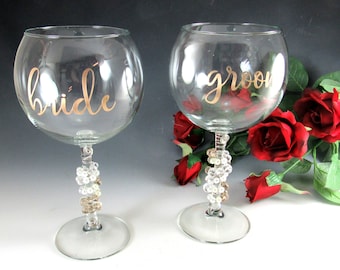 Set of 2 Large Wine Glasses/ 16 Ounce Wedding Glasses/ For the Wedding Toast/ Wire Wrapped and Beaded Bride and Groom  GoldWedding Glasses