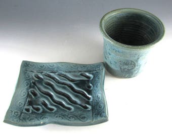 Pottery  Soap Dish and Tumbler Set/Soap Dish/Spoon Rest