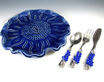 Serving Tray/Cheese Platter/Party Platter with Beaded Knife , Fork, and Spoon