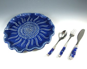 Serving Tray/Cheese Platter/Party Platter with Beaded Knife , Fork, and Spoon