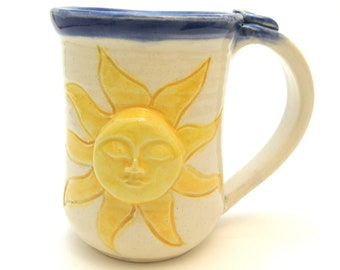 LARGE Coffee Mug/Ceramic Mug/ Pottery Sunshine Cup/Pottery Sun Face Mug/10-12 ounce mug