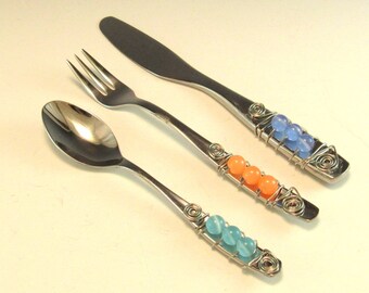 Beaded Hors'dourve Utensils/Appetizer Fork, Spoon, and Knife/Set of 3 Beaded Knife Fork and Spoon