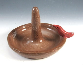 Hand Made Pottery Ring Holder/Jewelrey Organizer with  Red Bird