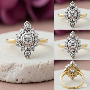 Vintage Art Deco Wedding Ring | Round Cut Cluster Moissanite Ring | Halo Two Tone Engagement Ring | Bezel With Prong Set Ring | Gift For Her