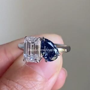 Two Stone Engagement Ring | Blue Sapphire gemstone Ring | Toi Et Moi Wedding Ring | Emerald & Pear Cut Ring | Propose Ring | 925 Silver Ring