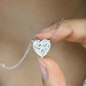 Heart Cut Diamond Necklace, Solitaire Diamond Necklace, Anniversary Gift, 14K Solid Gold Necklace, Diamond Necklace For Her