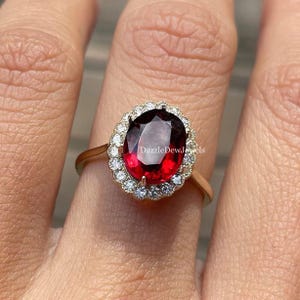 Halo Wedding Ring | Oval & Round Cut Engagement Ring | Bezel Set With Milgrain Ring | Red Ruby Gemstone Ring | Two Tone Wedding Ring-For Her