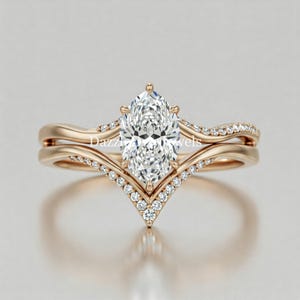 Marquise & Round Cut Moissanite Ring | Chevron Band Engagement Ring | Bridal Wedding Ring Set | 10K Gold Ring | Solitaire With Accent Ring