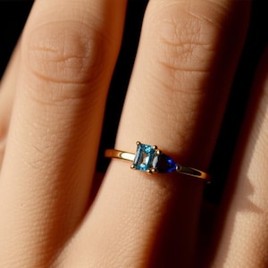 Two Stone Engagement Ring | Aqua Blue With Blue Sapphire gemstone Ring | Toi Et Moi Ring | Emerald & Pear Cut Wedding Ring | Minimalist Ring