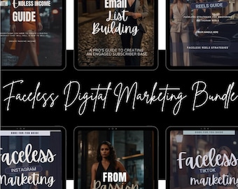 Op de afbeelding: Een collage van zes digitale marketing e-books met titels als "Digital Wealth", "Mastering Email List Building", "The Faceless Reels Guide", "Faceless Instagram Marketing", "From Passion to Profits" en "Faceless TikTok Marketing".