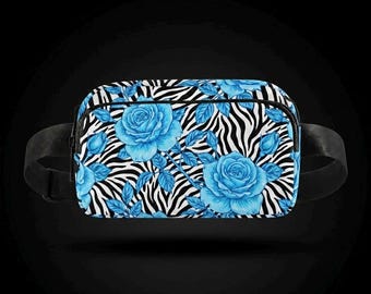 Einzigartige gemusterte Gürteltasche, blaue Rose und Zebra Animal Print Design, multifunktionale Crossbody-Gürteltasche, perfektes Geschenk für sie oder ihn
