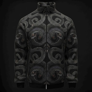 May include: Black zip-up jacket with a repeating pattern of coiled snakes. The snakes are dark grey with red eyes, contrasting against the black background. The jacket has a high collar and ribbed cuffs, a stylish design.