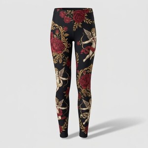 Könnte beinhalten: Schwarze Leggings mit einem sich wiederholenden Muster aus roten Rosen, goldenen Verzierungen und Cherubinen mit Pfeil und Bogen. Die Leggings haben eine hohe Taille und eine figurbetonte Silhouette.