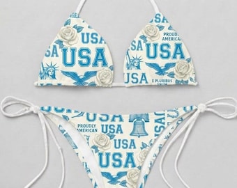 Womens roses unique USA bikini set in white