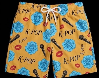 Męskie i damskie szorty z nadrukiem w stylu k-pop w kolorze żółtym