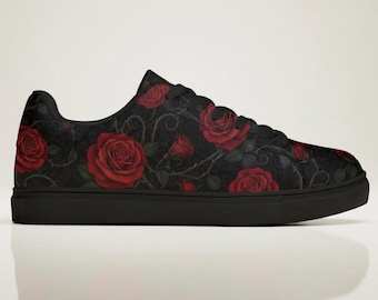 Red Rose Romance Gothic Red Rose Sneakers | Dark Floral Low-Tops | Unisex