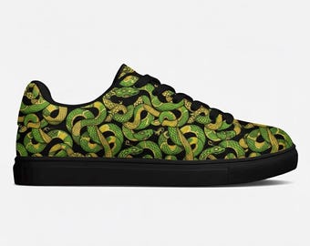 Green and Gold Snake Print Low Top Sneakers | Custom Reptile Pattern Shoes | Men's/Women's Unique Snake Skin Shoes
