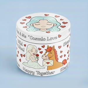 May include: White, round container with illustrations of cartoon characters, hearts, and text. The top features a girl with blue hair and the words "Cosmic Love." The sides display a girl with a rose, a horse with a letter, and the phrases "Happy Together" and "Wild About You!"