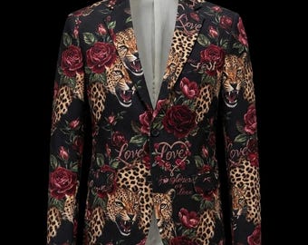 Men's Leopard & Red Rose Print Fashion Blazer