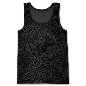 May include: A black sleeveless tank top featuring a tonal pattern of leopard spots, coiled snakes, and blooming roses. The design uses varying shades of black and dark gray to create a layered, textured appearance across the entire garment.