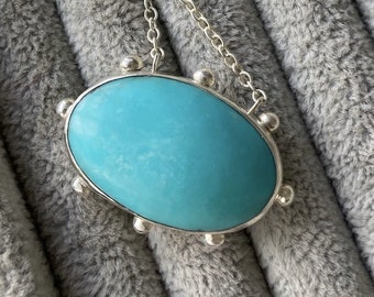 Large Oval Arizona Turquoise Studded Silver Statement Necklace. One of A Kind Gemstone Necklace