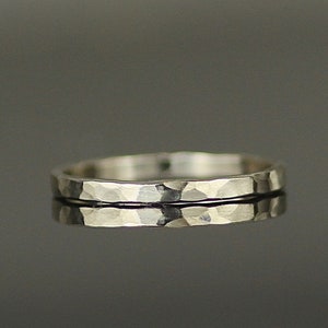 Recycled 18ct White Gold Dainty Hammered Womens Wedding Ring. Elegant Real Gold Stacking Ring