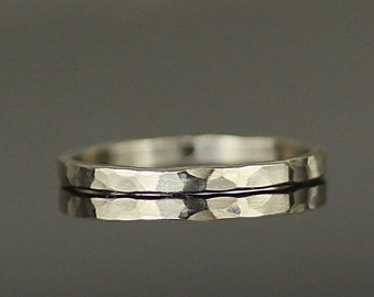 Recycled 18ct White Gold Dainty Hammered Womens Wedding Ring. Elegant Real Gold Stacking Ring