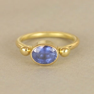 18ct Recycled Gold Oval Blue Sapphire Engagement Ring. Ancient Roman Style Gold Stud Ring image 1