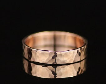 Hammered 9ct Rose Gold Mens Wedding Band. Unique 5mm Wide Wedding Ring. Chunky Unisex Ring