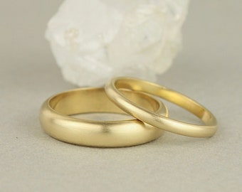 Recycled 18k Gold Matching His and Hers Wedding Bands. Simple Domed Wedding Ring Set - Polished or Matte Gold