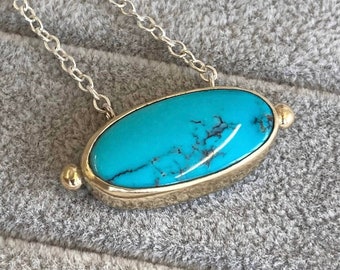 9ct Gold & Silver Turquoise Stud Oval Necklace. Limited Edition One of A Kind Gemstone Necklace