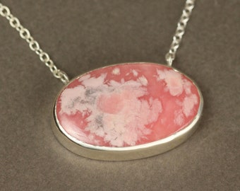 Rhodochrosite Sterling Silver Large Oval Pendant Necklace